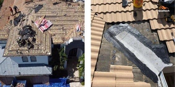 Cracked roof tiles lifted during a repair, with the underlayment exposed beneath